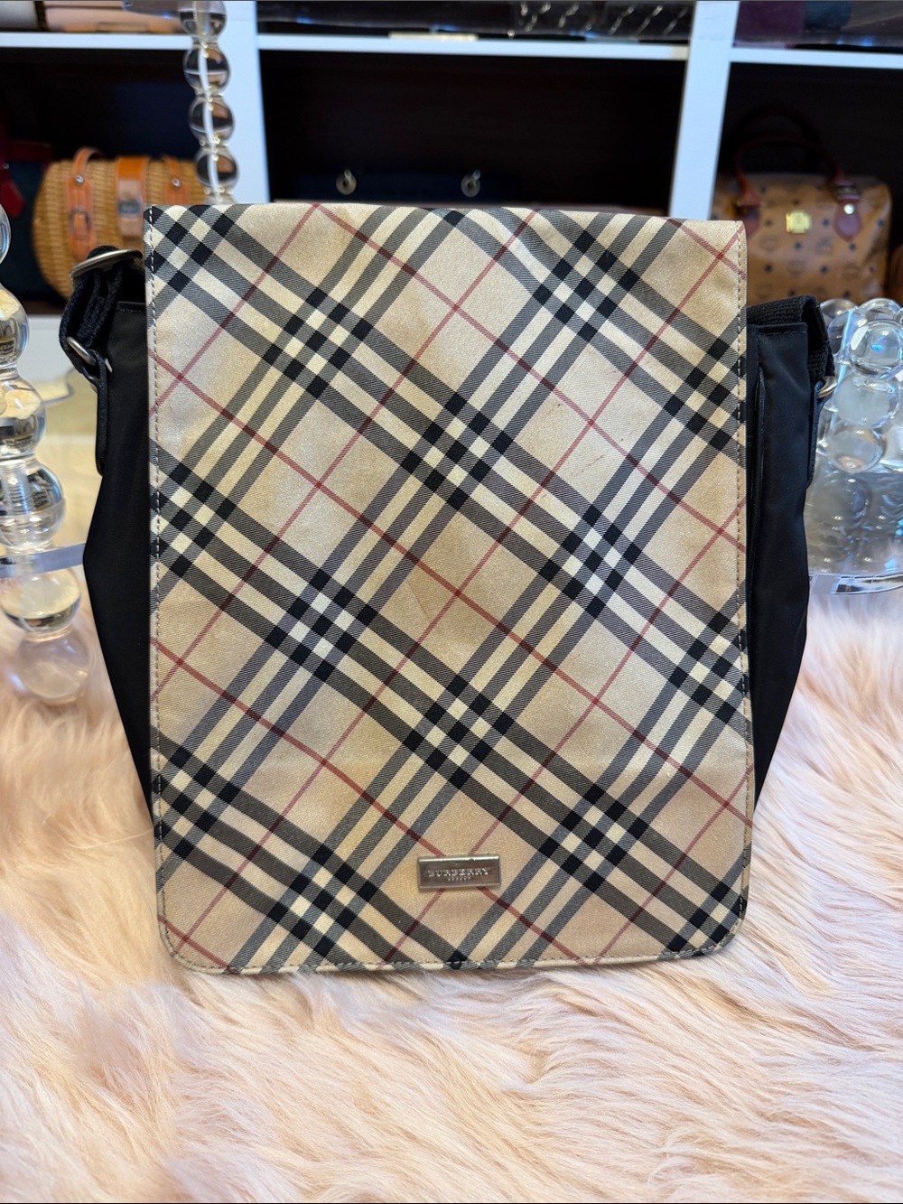 Burberry Black and Beige Signature Check Messenger Bag